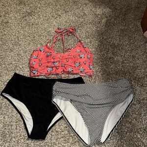 Cupshe Pink floral bikini top with Black and White Striped Bikini Bottoms